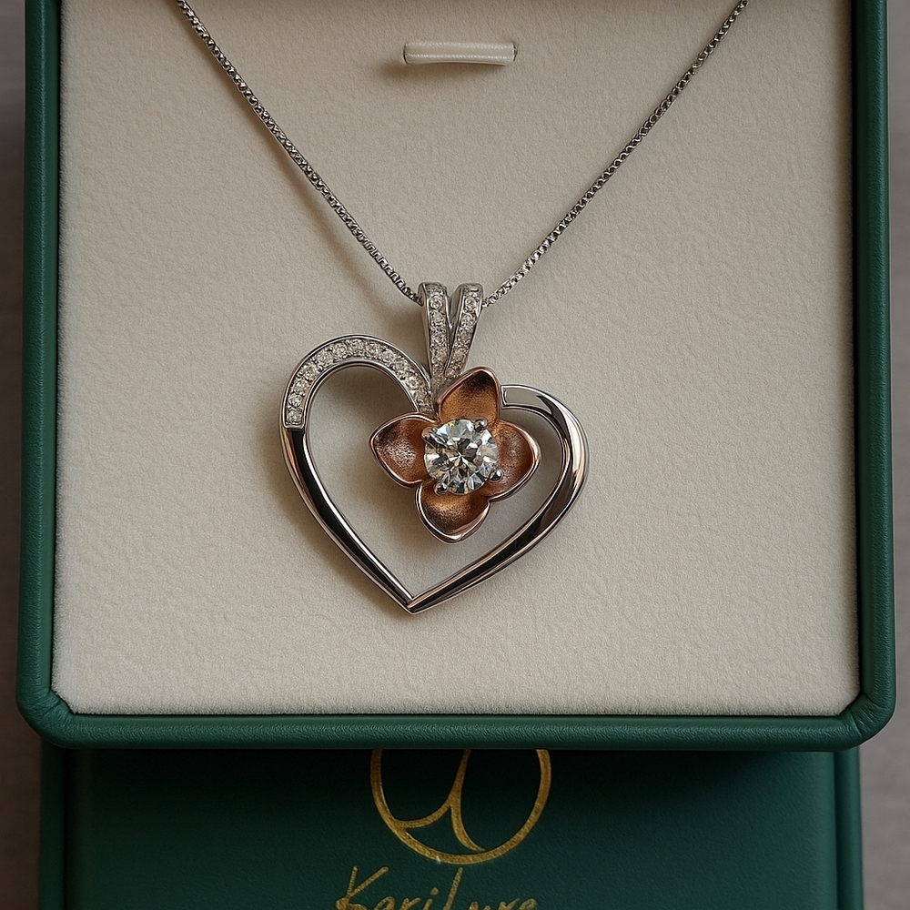 MOISSANITE 1 CT Sterling Silver Heart and Flower Necklace NEW